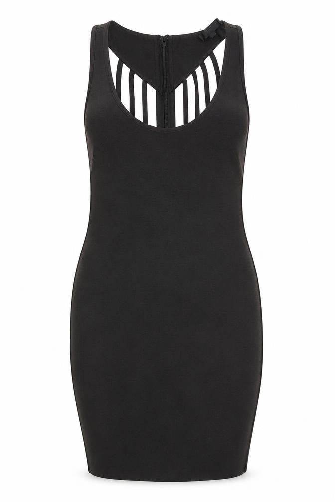 Front view of Love & Other Things women’s black polyester bodycon, size S, scoop neck zip
