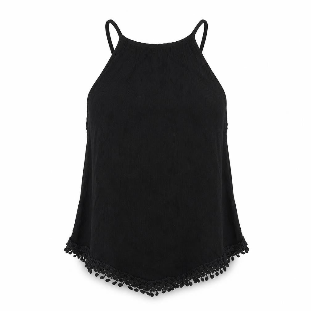 Front view of H&M women’s black viscose camisole tank, size UK 6, halter - tassles