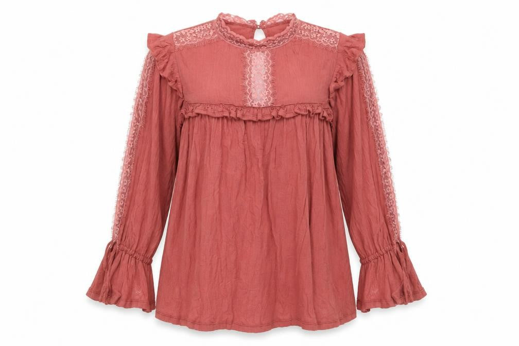 ASOS Womens Pink Viscose Tunic Blouse Size 8 Mock Neck - Lace, Ruffles