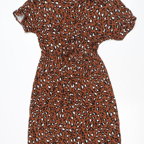 Warehouse Womens Brown Animal Print Viscose T-Shirt Dress Size 8 Round Neck Pullover - Leopard Print, Tie