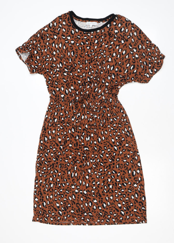 Warehouse Womens Brown Animal Print Viscose T-Shirt Dress Size 8 Round Neck Pullover - Leopard Print, Tie