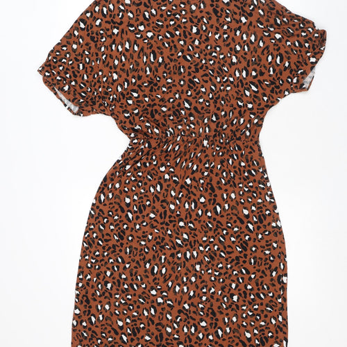 Warehouse Womens Brown Animal Print Viscose T-Shirt Dress Size 8 Round Neck Pullover - Leopard Print, Tie
