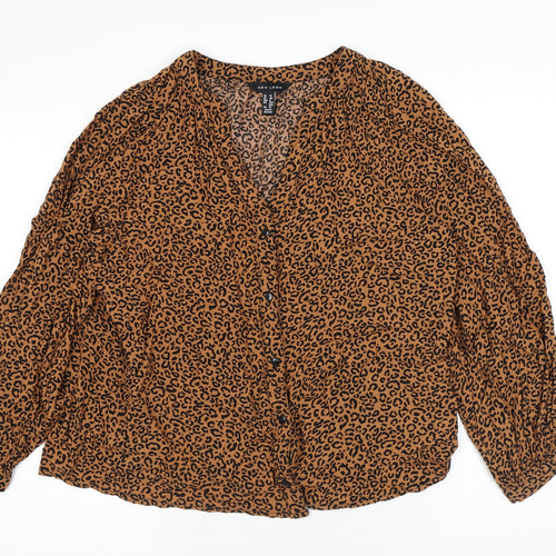New Look Womens Brown Animal Print Viscose Basic Button-Up Size 12 V-Neck - Leopard Print