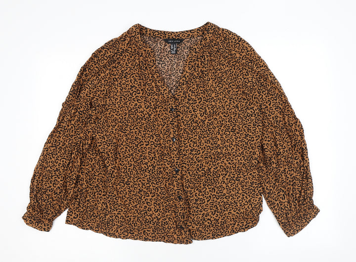New Look Womens Brown Animal Print Viscose Basic Button-Up Size 12 V-Neck - Leopard Print