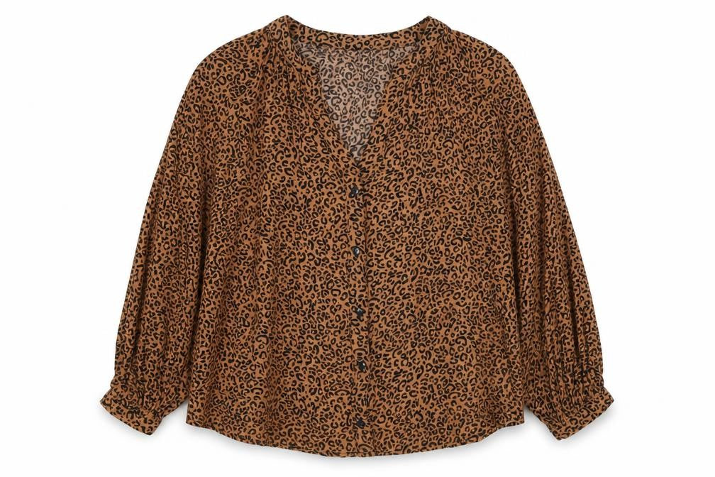 Front view of New Look women’s brown animal print viscose basic button-up, size UK 12, v-neck - leopard print