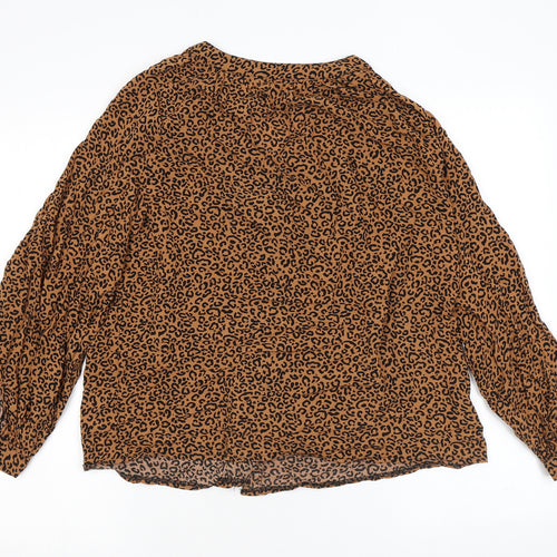 New Look Womens Brown Animal Print Viscose Basic Button-Up Size 12 V-Neck - Leopard Print