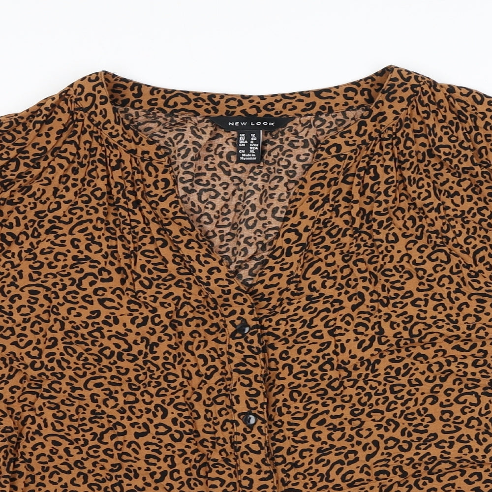 New Look Womens Brown Animal Print Viscose Basic Button-Up Size 12 V-Neck - Leopard Print