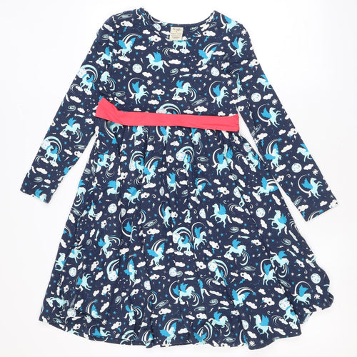 Frugi Girls Blue Geometric Cotton Skater Dress Size 9-10 Years Round Neck Pullover - Bow, Unicorns, Stars