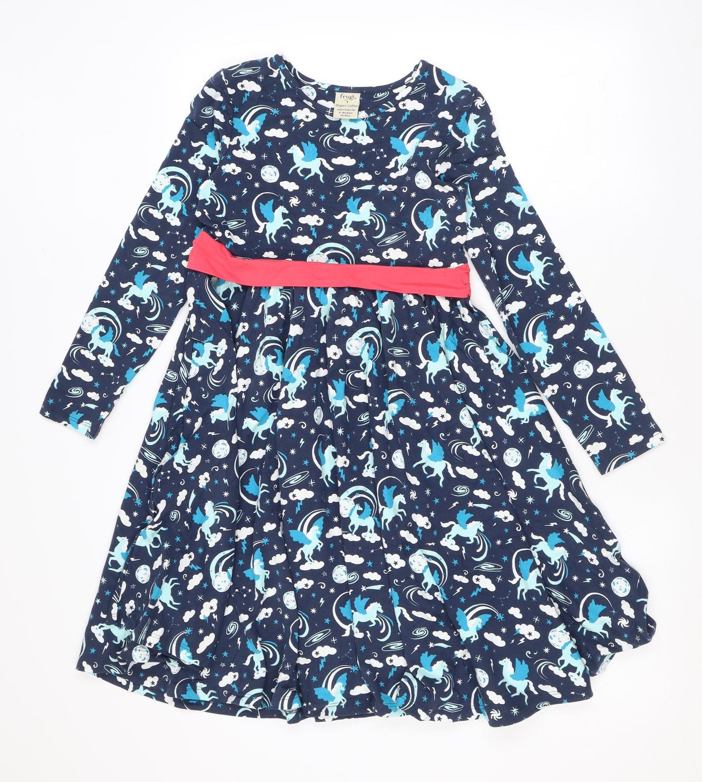 Frugi Girls Blue Geometric Cotton Skater Dress Size 9-10 Years Round Neck Pullover - Bow, Unicorns, Stars