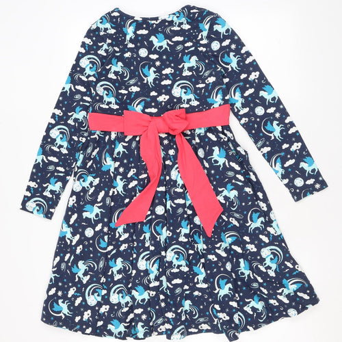 Frugi Girls Blue Geometric Cotton Skater Dress Size 9-10 Years Round Neck Pullover - Bow, Unicorns, Stars
