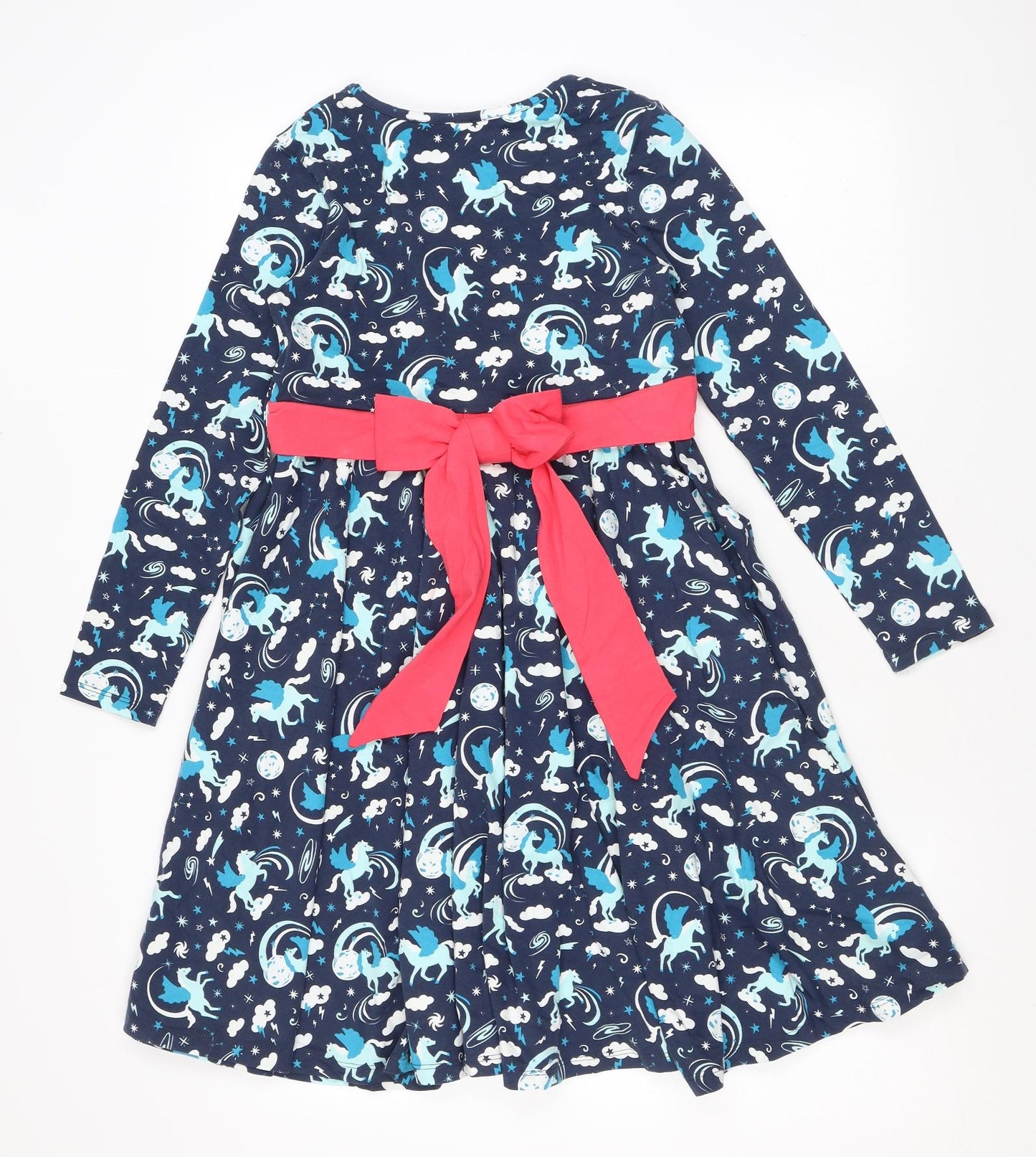 Frugi Girls Blue Geometric Cotton Skater Dress Size 9-10 Years Round Neck Pullover - Bow, Unicorns, Stars