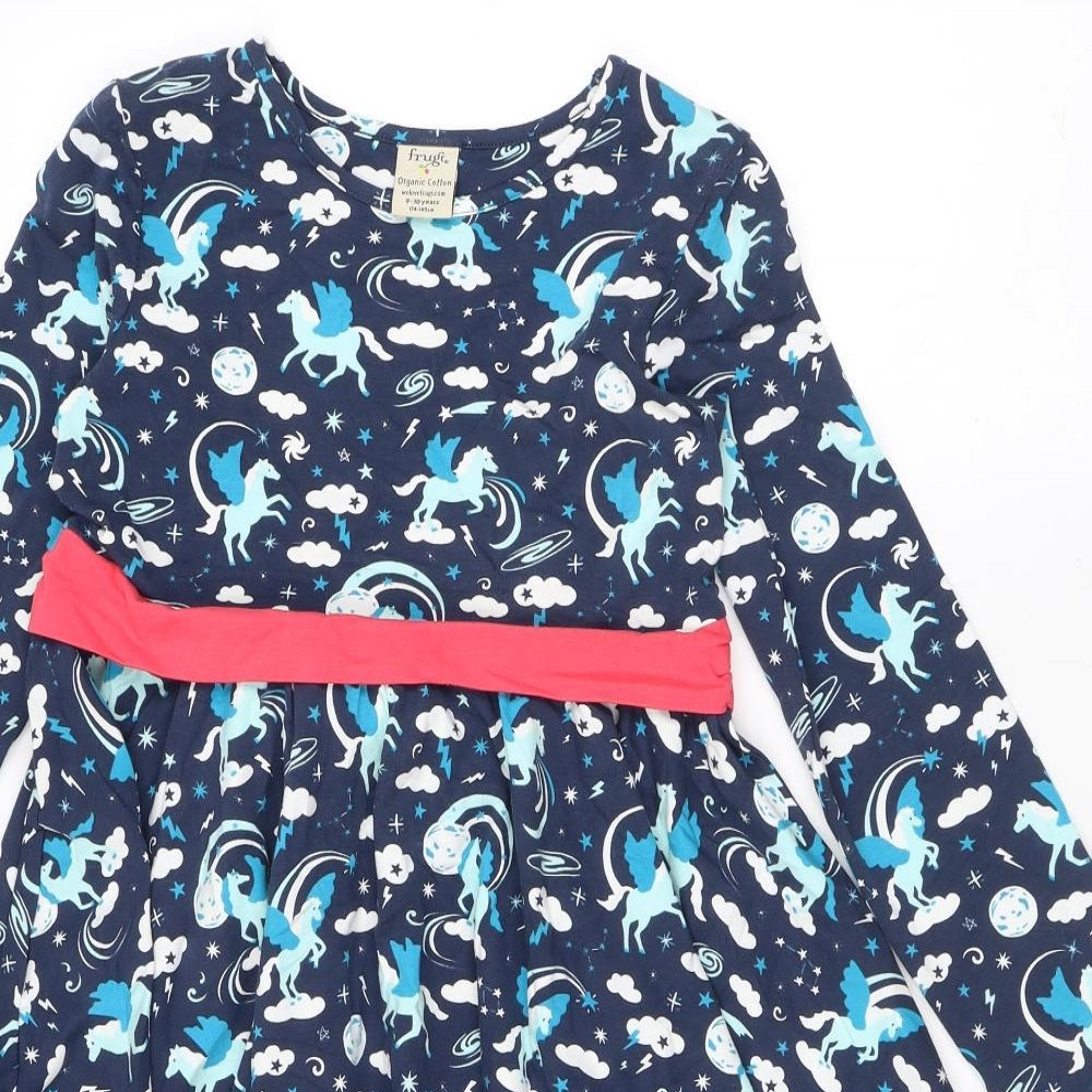 Frugi Girls Blue Geometric Cotton Skater Dress Size 9-10 Years Round Neck Pullover - Bow, Unicorns, Stars