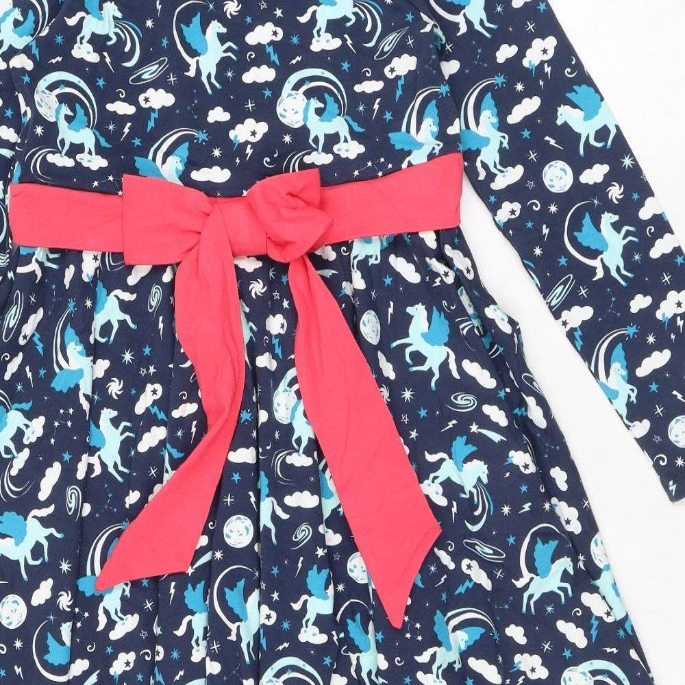 Frugi Girls Blue Geometric Cotton Skater Dress Size 9-10 Years Round Neck Pullover - Bow, Unicorns, Stars