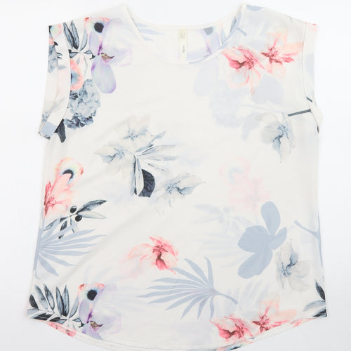 Stella Womens White Floral Polyester Basic Blouse Size 12 Crew Neck