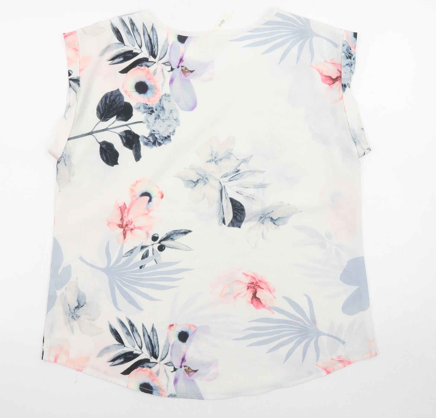 Stella Womens White Floral Polyester Basic Blouse Size 12 Crew Neck