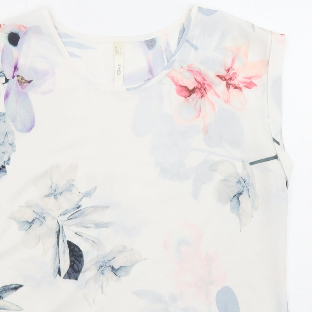 Stella Womens White Floral Polyester Basic Blouse Size 12 Crew Neck