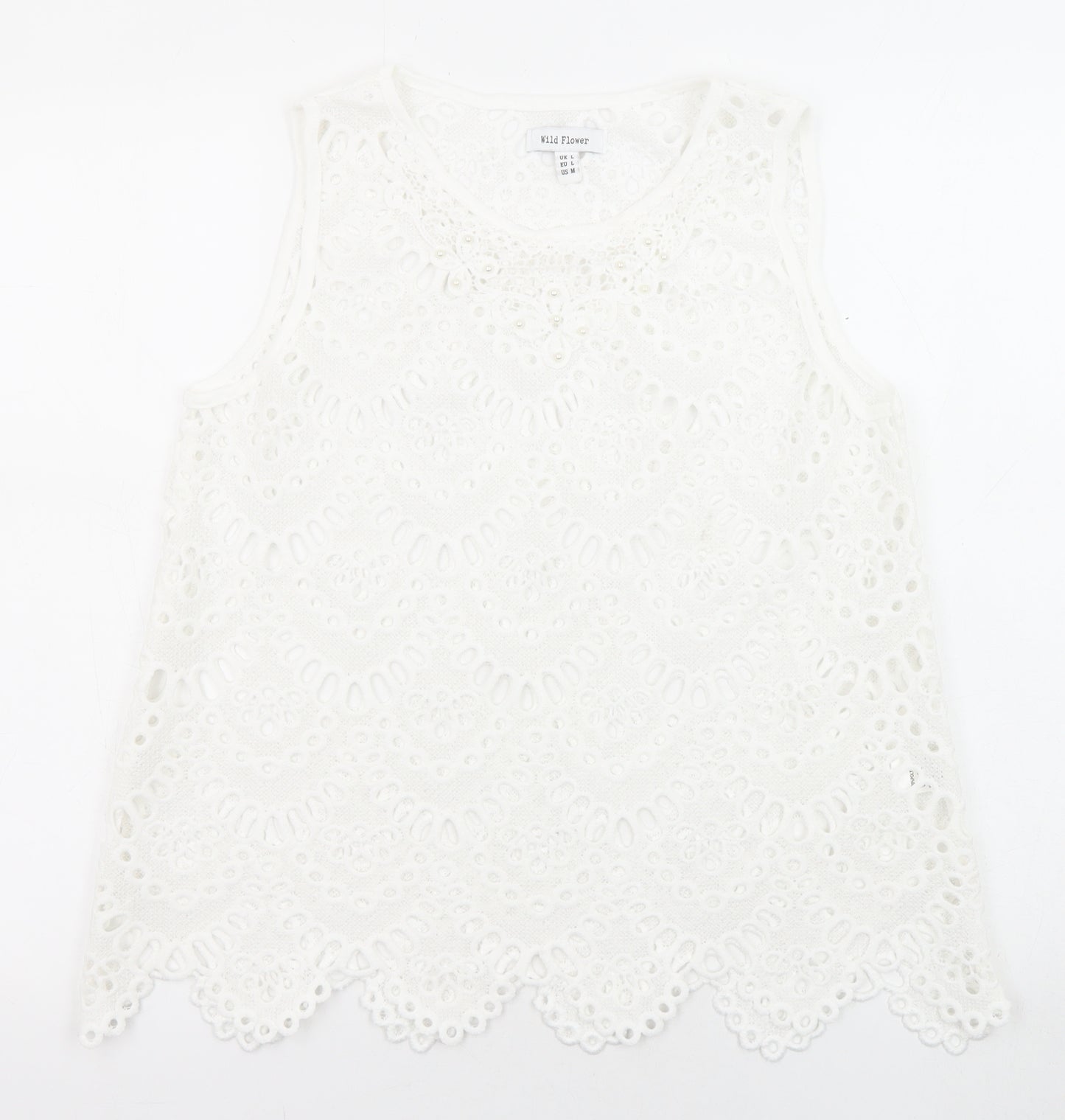 Wild Flower Womens White Polyester Basic Blouse Size L Crew Neck - Gemstones
