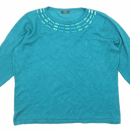 Bonmarché Womens Green Crew Neck Viscose Pullover Jumper Size XL - Embellished Neckline