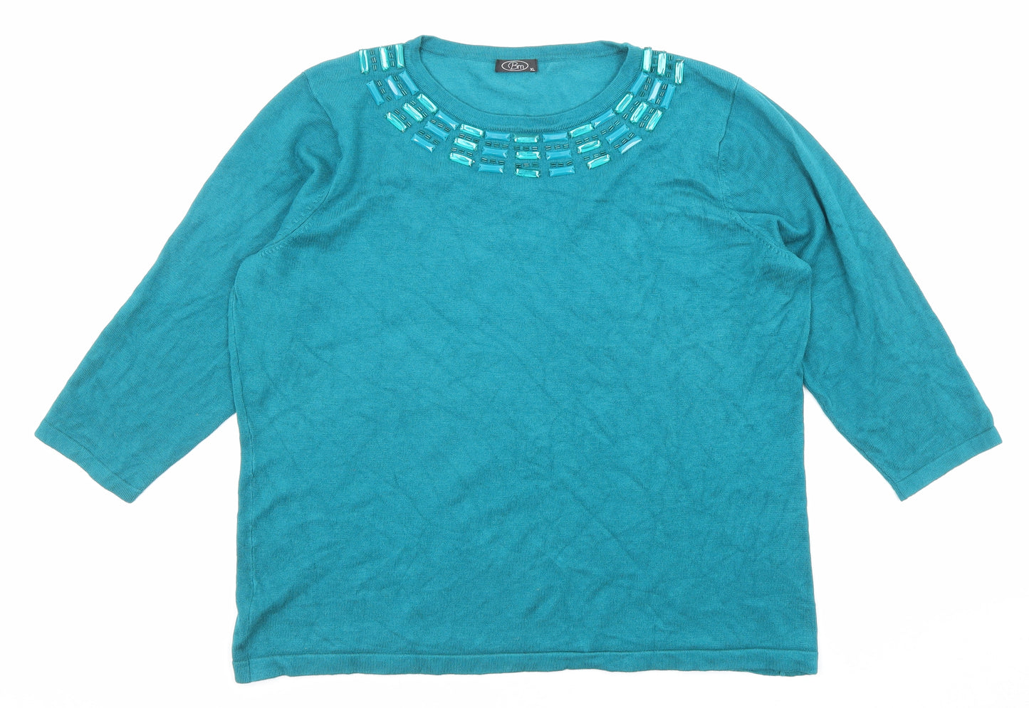 Bonmarché Womens Green Crew Neck Viscose Pullover Jumper Size XL - Embellished Neckline
