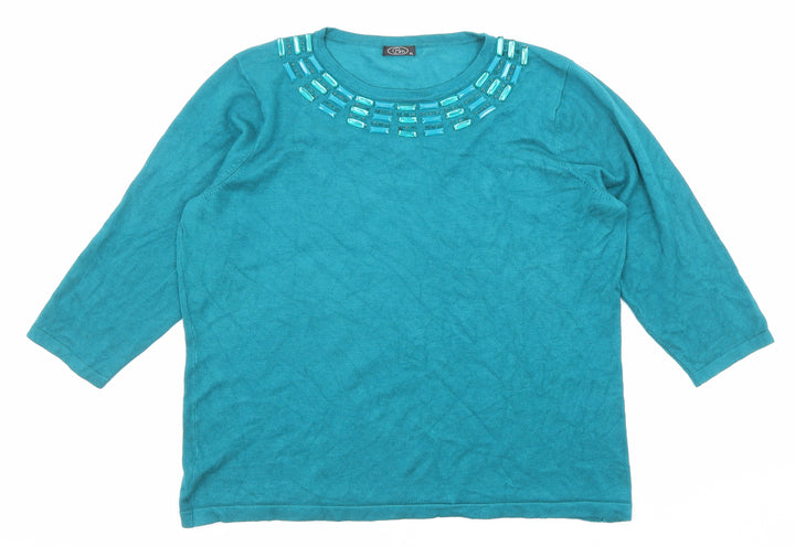 Bonmarché Womens Green Crew Neck Viscose Pullover Jumper Size XL - Embellished Neckline