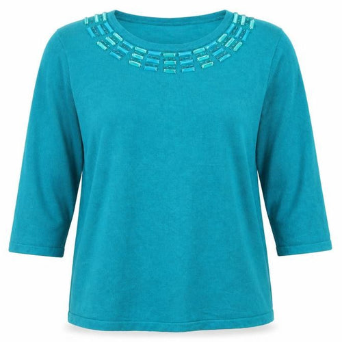 Bonmarché Womens Green Crew Neck Viscose Pullover Jumper Size XL - Embellished Neckline