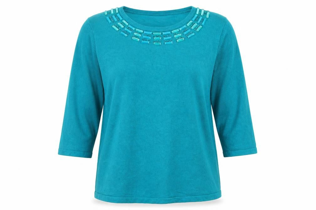 Bonmarché Womens Green Crew Neck Viscose Pullover Jumper Size XL - Embellished Neckline
