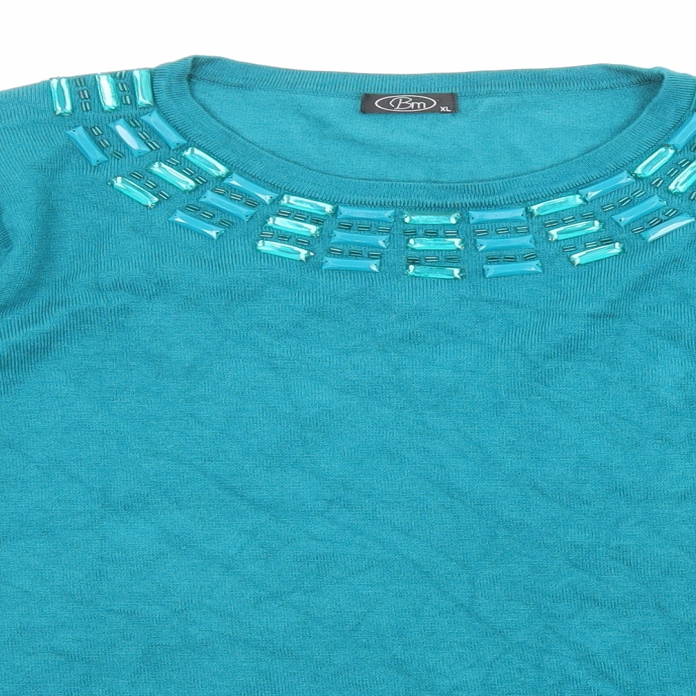 Bonmarché Womens Green Crew Neck Viscose Pullover Jumper Size XL - Embellished Neckline
