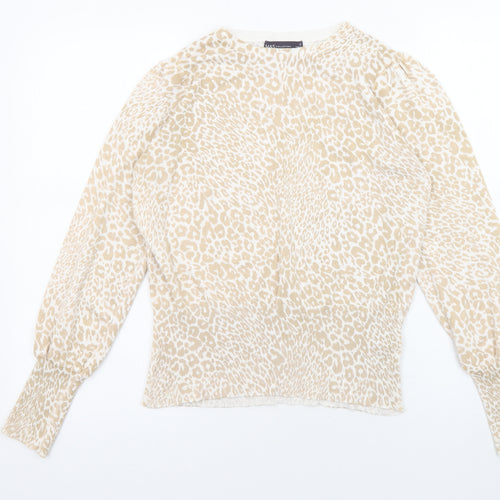 Marks and Spencer Womens Beige Round Neck Animal Print Viscose Pullover Jumper Size M
