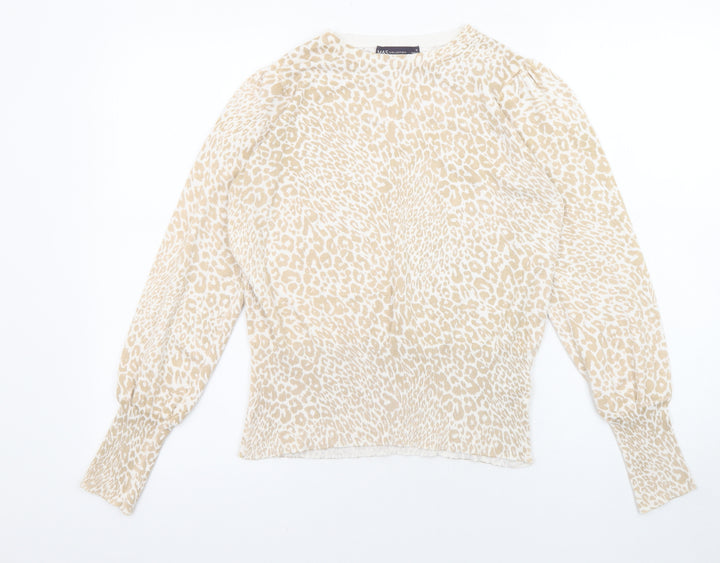 Marks and Spencer Womens Beige Round Neck Animal Print Viscose Pullover Jumper Size M