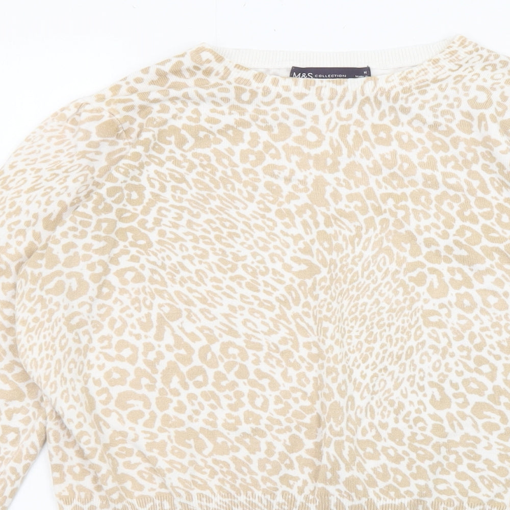 Marks and Spencer Womens Beige Round Neck Animal Print Viscose Pullover Jumper Size M