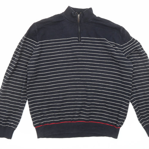 Blue Harbour Mens Blue Collared Striped Cotton Pullover Jumper Size XL Long Sleeve - Zip closure