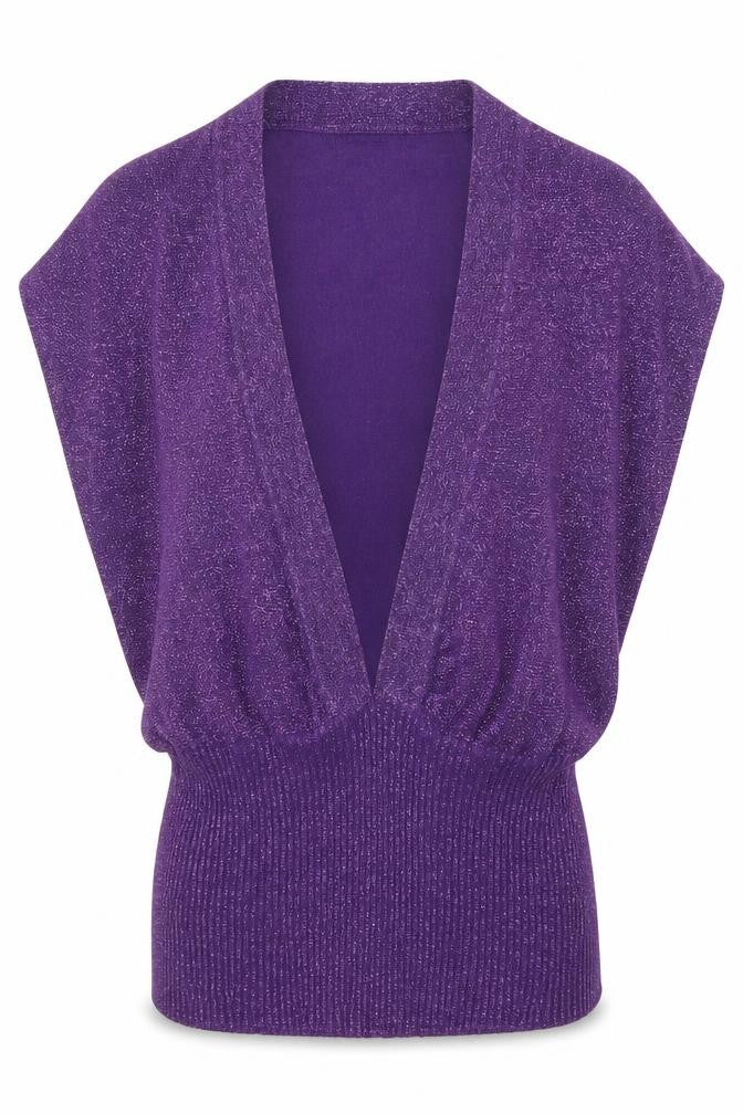 Front view of Vero Moda women’s purple v-neck polyester jumper, size M, - glitter