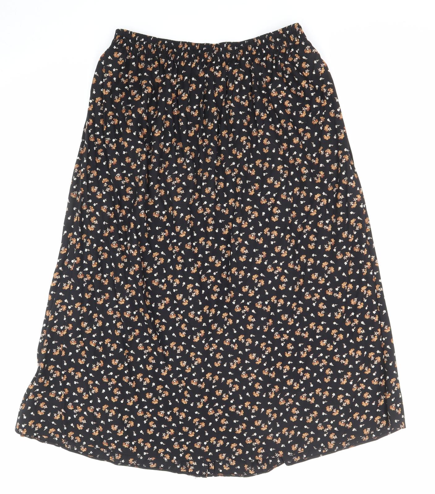 St Michael Womens Black Floral Viscose Flare Skirt Size 14 Button