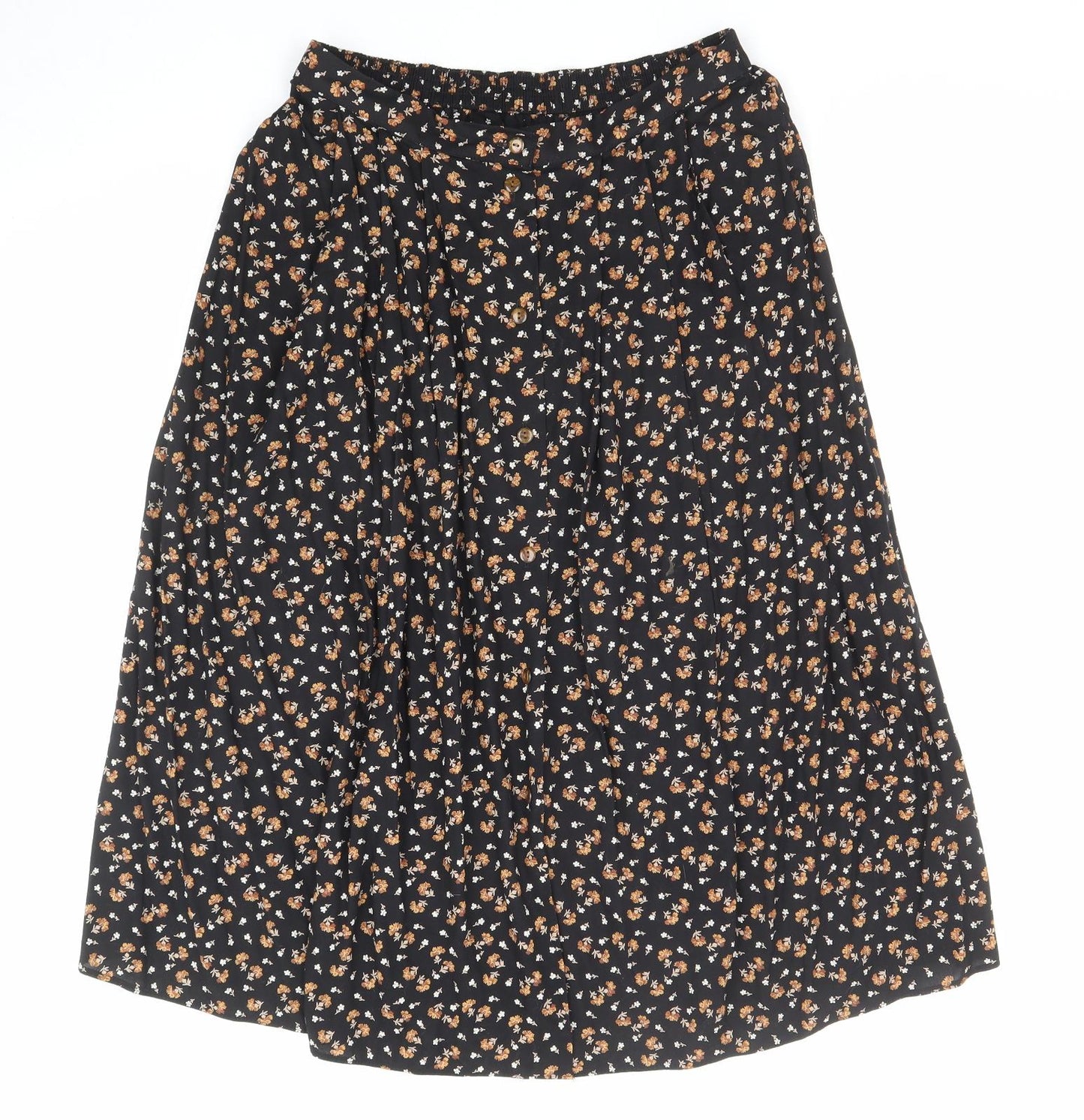 St Michael Womens Black Floral Viscose Flare Skirt Size 14 Button