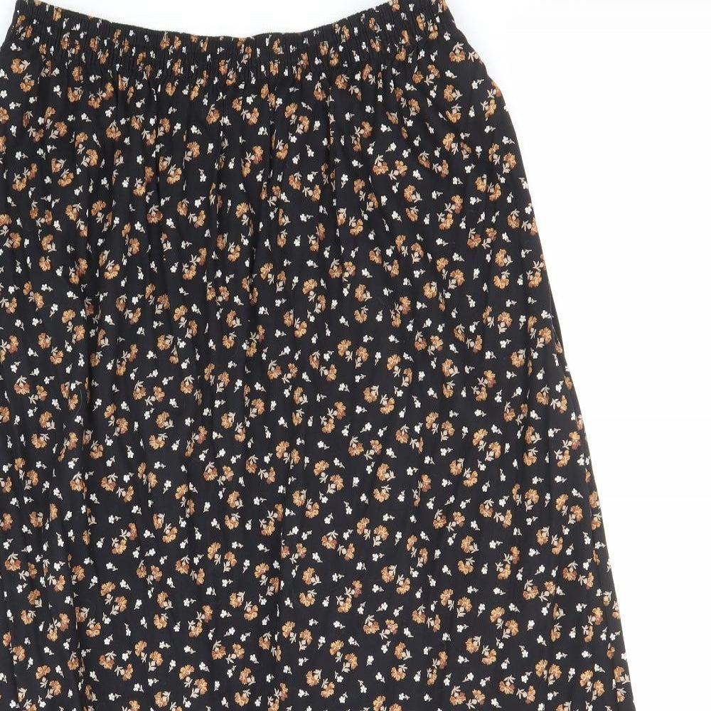 St Michael Womens Black Floral Viscose Flare Skirt Size 14 Button