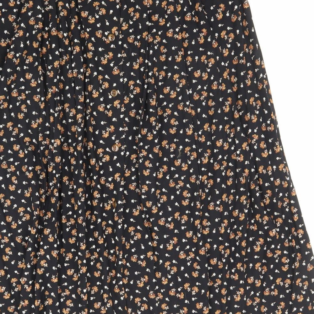 St Michael Womens Black Floral Viscose Flare Skirt Size 14 Button