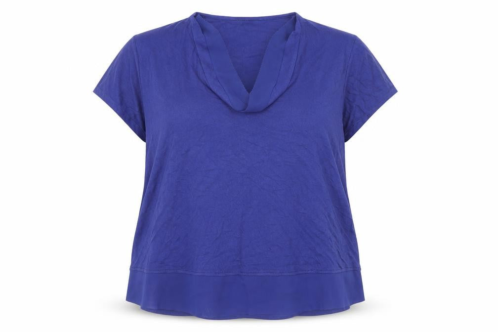Front view of Marks & Spencer women’s blue polyester basic t-shirt, size UK 16, cowl neck