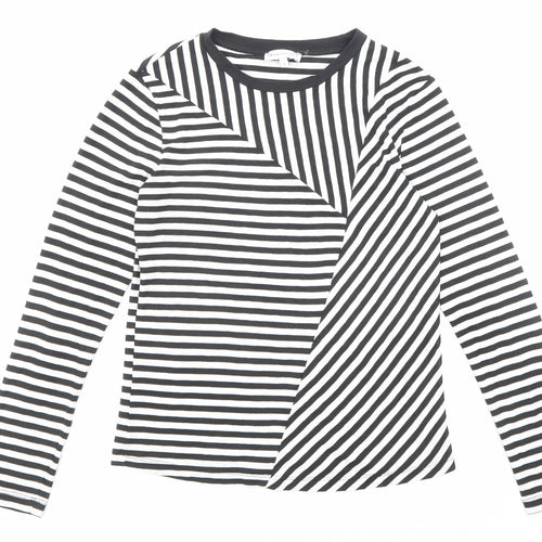 Warehouse Womens Black Striped Polyester Basic T-Shirt Size 8 Round Neck