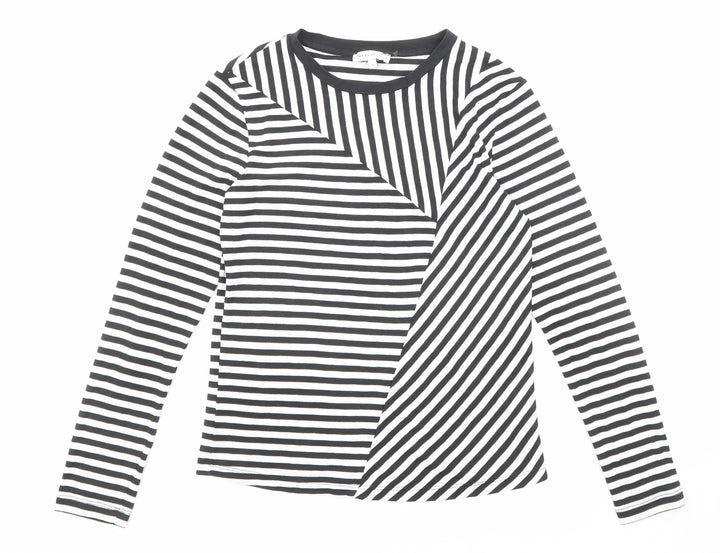 Warehouse Womens Black Striped Polyester Basic T-Shirt Size 8 Round Neck