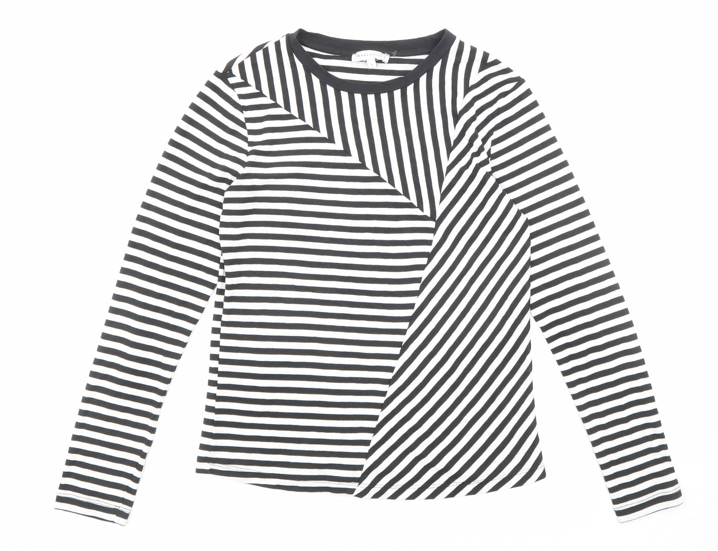 Warehouse Womens Black Striped Polyester Basic T-Shirt Size 8 Round Neck