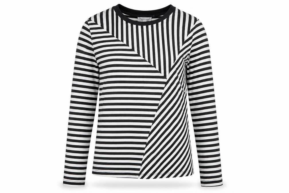 Front view of Warehouse women’s black striped polyester basic t-shirt, size UK 8, round neck