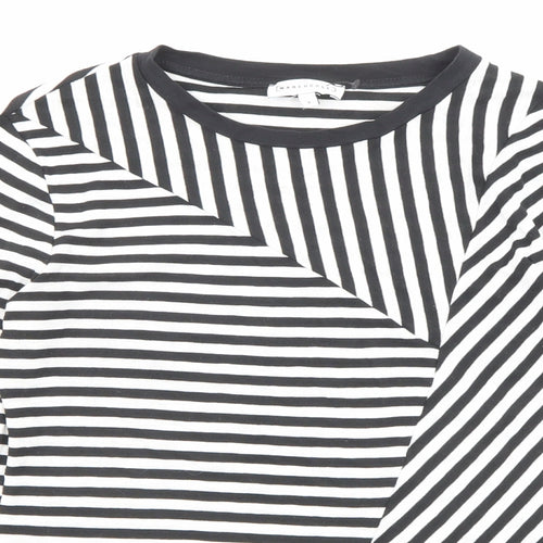 Warehouse Womens Black Striped Polyester Basic T-Shirt Size 8 Round Neck