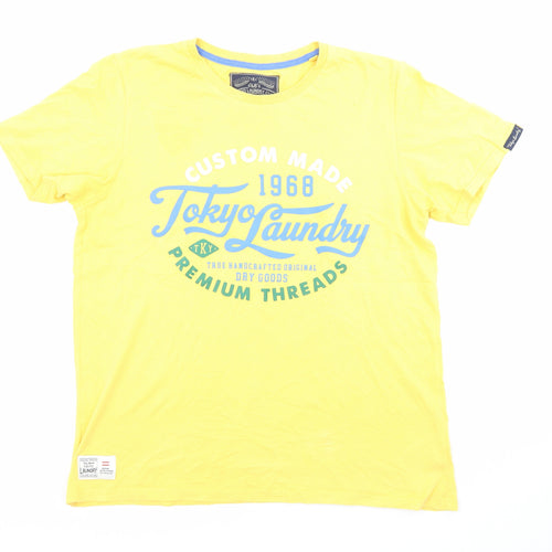 Tokyo Laundry Mens Yellow Cotton T-Shirt Size M Round Neck