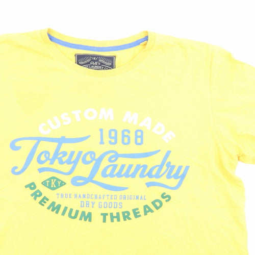 Tokyo Laundry Mens Yellow Cotton T-Shirt Size M Round Neck