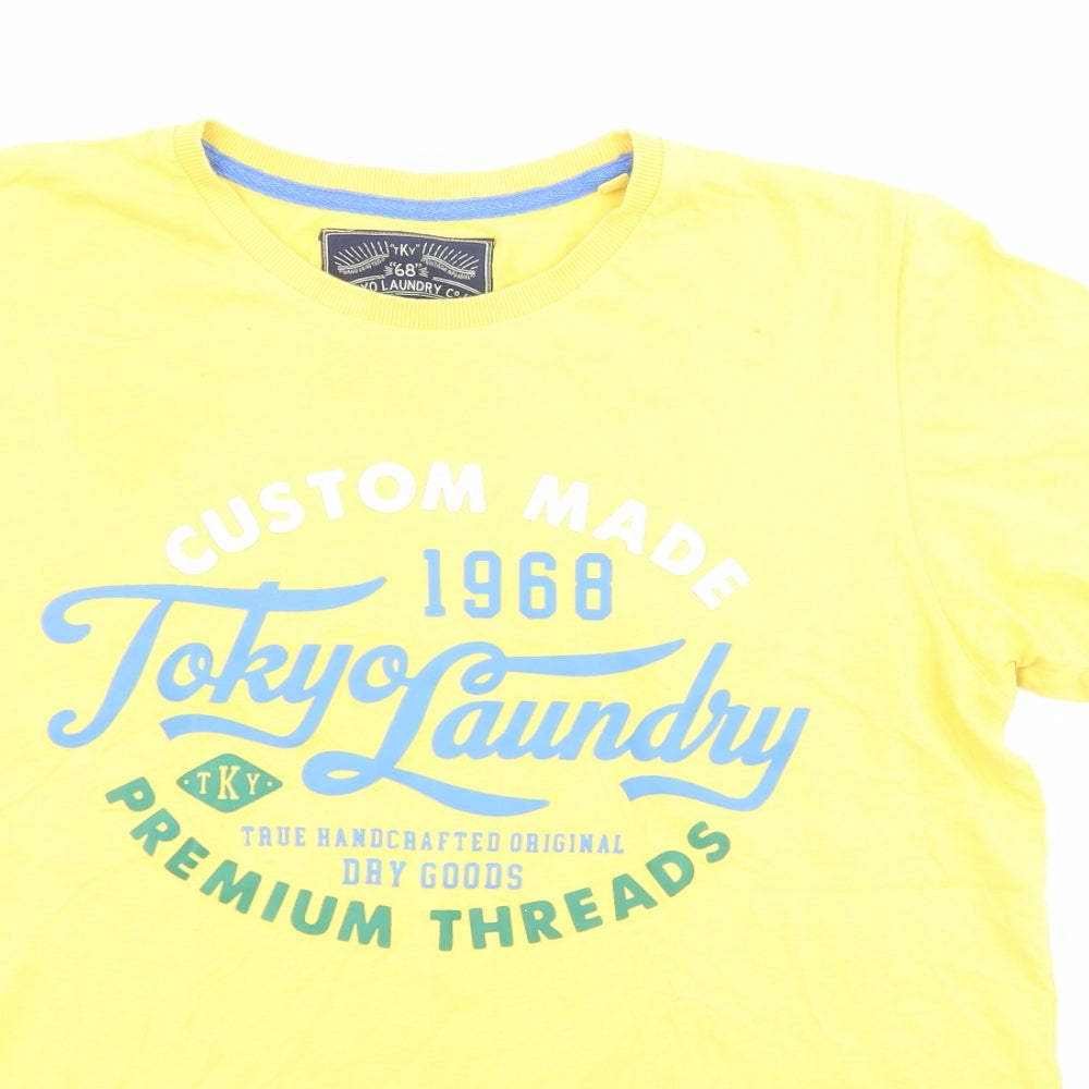 Tokyo Laundry Mens Yellow Cotton T-Shirt Size M Round Neck