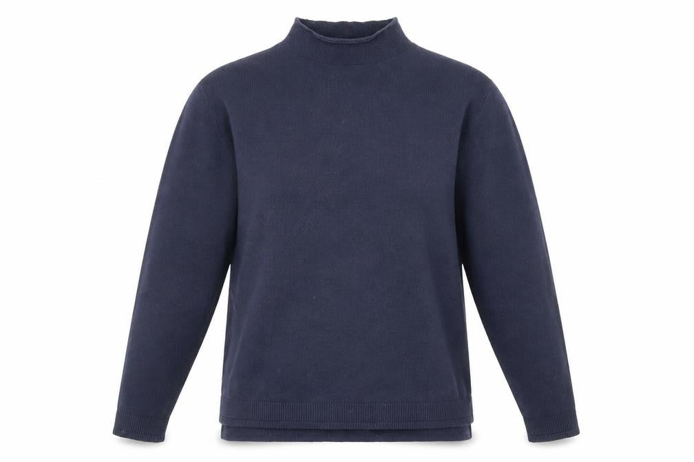 Front view of Marks & Spencer women’s blue high neck viscose jumper, size UK 10
