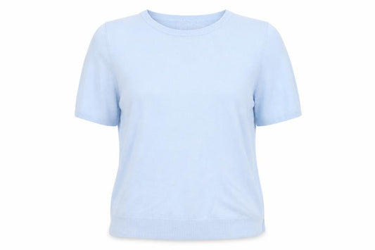 Front view of Essentials women’s blue round neck acrylic jumper, size UK 14