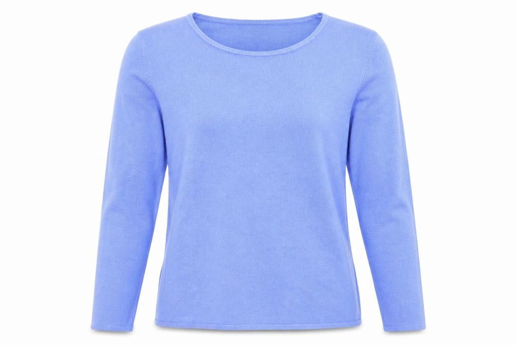 Front view of Bonmarché women’s blue round neck acrylic jumper, size M