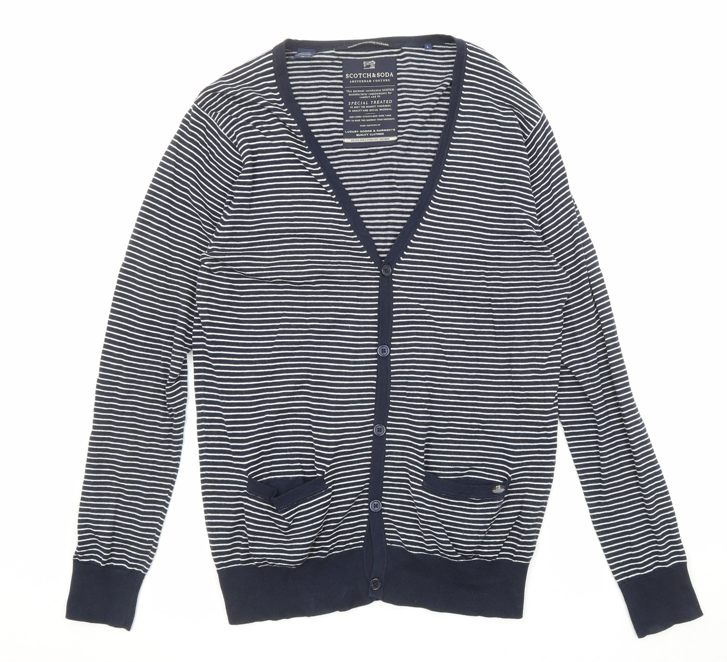 Scotch & Soda Mens Blue V-Neck Striped Cotton Cardigan Jumper Size L Long Sleeve - Pockets