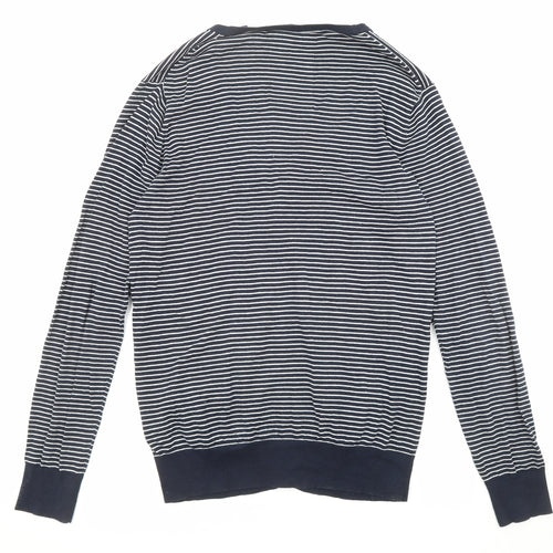 Scotch & Soda Mens Blue V-Neck Striped Cotton Cardigan Jumper Size L Long Sleeve - Pockets